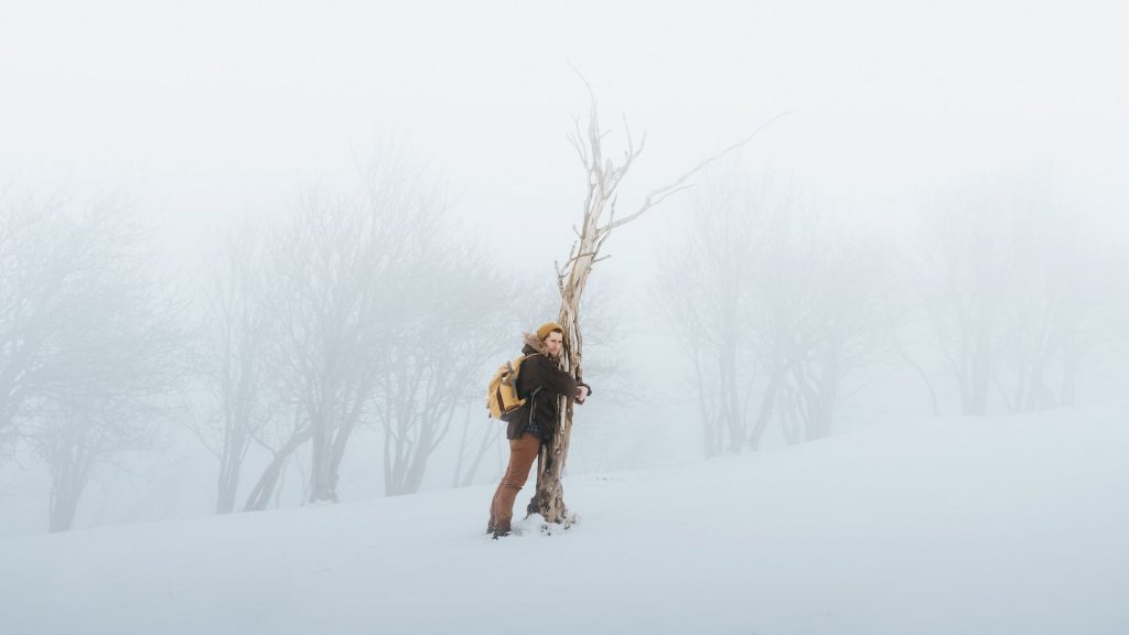 person hugging bare tree while snow